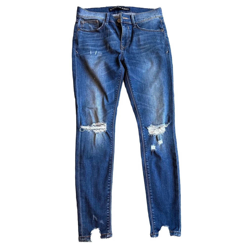 Express Ankle Legging Mid Rise Distressed Jeans in Medium Wash